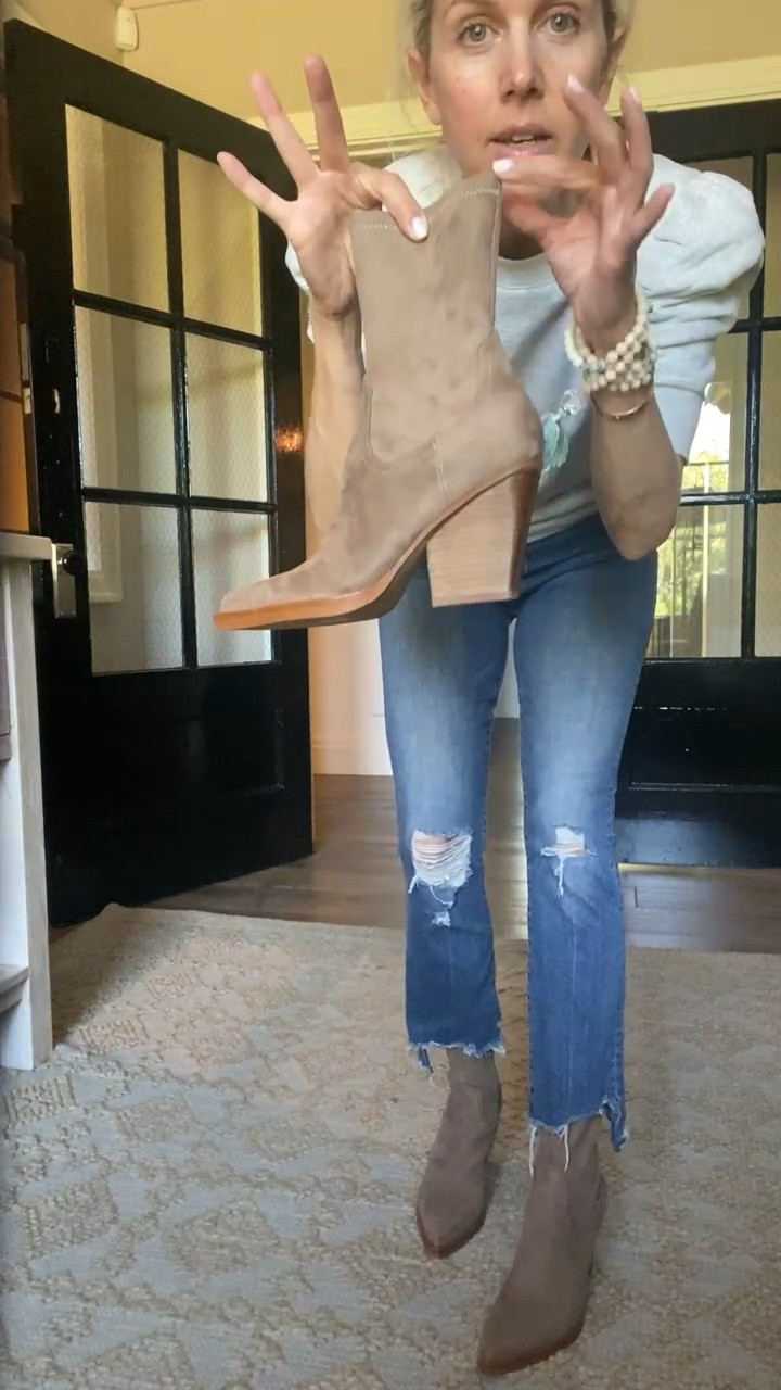 These boots though. We have found the perfect fall boot. It has a slight nod to cowboy- but it’s subtle. We love the taller and more narrow top of the boot- which allows for a cute look with cropped jeans! The narrow top of boot allows for pairing with a cropped straight leg jean, or a kick flare. Can of course also be worn with a normal, full length bootcut jean. 
TTS. Also looks great with a denim skirt! 




Fall outfit
Brown boot
Brown bootie
Teacher outfit


#LTKSeasonal #LTKstyletip #LTKFind