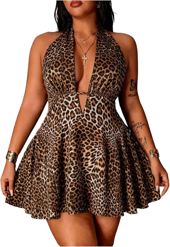 Floerns Women's Plus Size Cute Polka Dots Halter Mini Dress Ruffle A Line Going Out Dresses | Amazon (US)