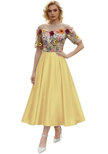 FYSGDYL Women's Elegant Lace Florals Semi Formal Dresses Tea Length Fairy Spring Garden Party Dress Yellow US24 Plus | Amazon (US)