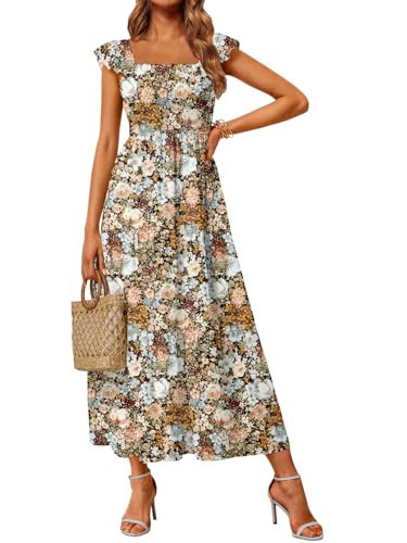 LILLUSORY Womens Spring Dress 2026 Summer Maxi Easter Sundress Sun Boho Vintage Baby Shower Square Neck Beach Vacation Cute Ruffle Smocked Teen Casual Brown Floral L | Amazon (US)