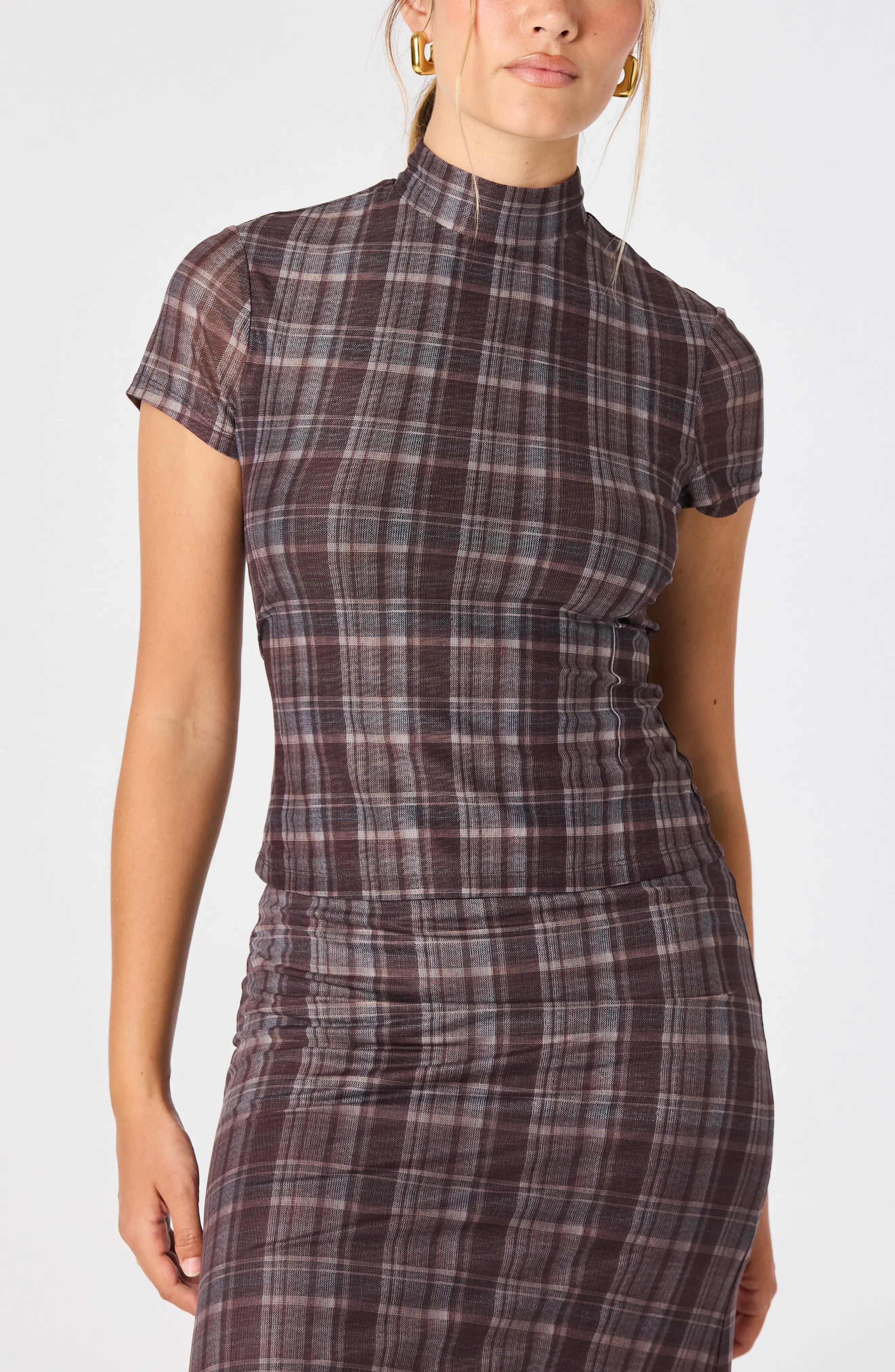 ASTR the Label Baila Plaid Mesh Mock Neck Top in Brown Blue Plaid at Nordstrom, Size Large | Nordstrom