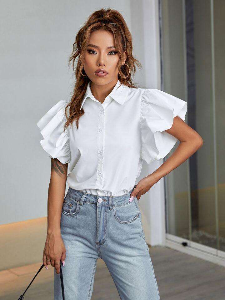 SHEIN Frenchy Ruffle Sleeve Solid Shirt | SHEIN