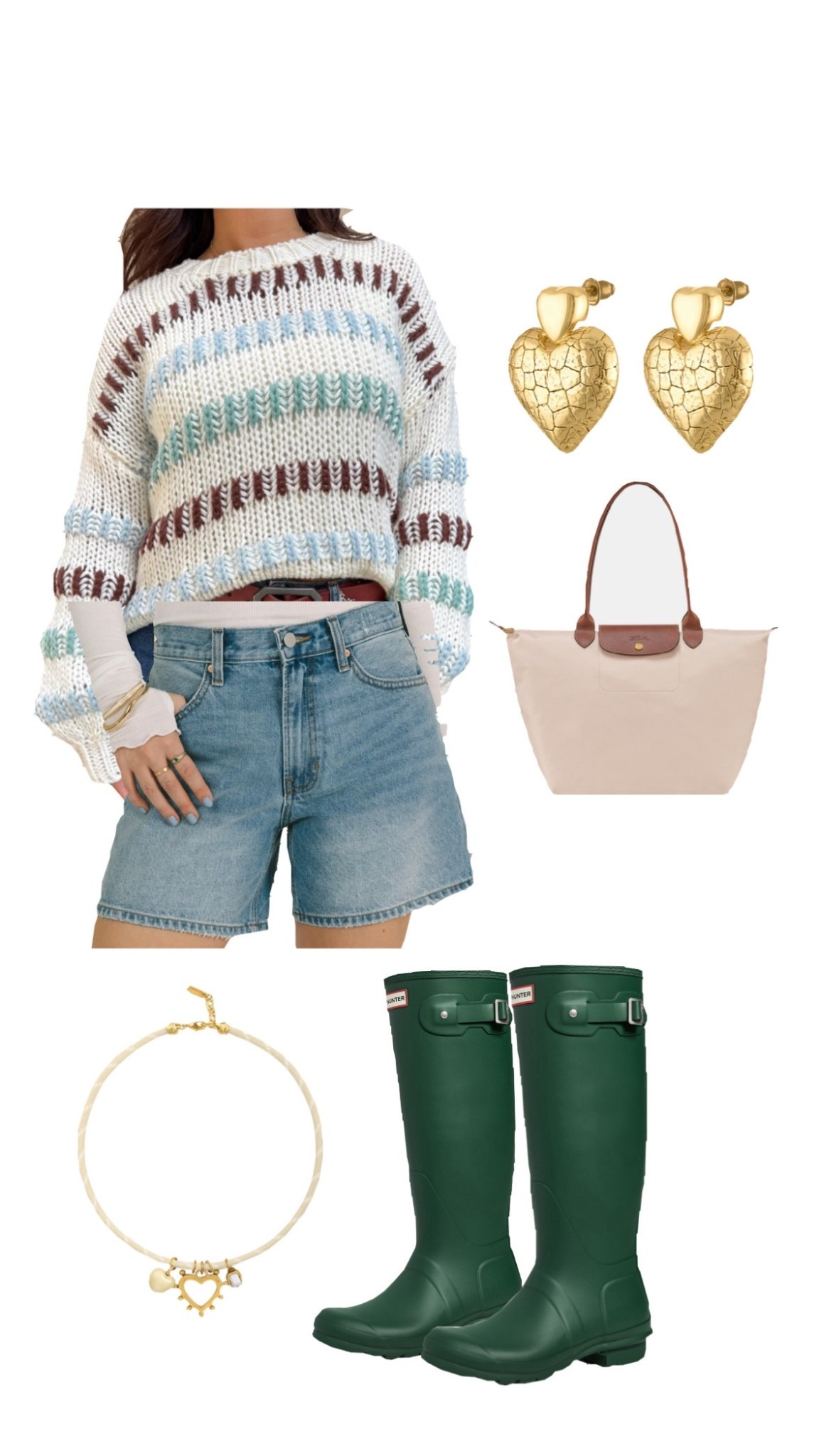 fall outfit inspo, coastal outfit inspo, hunter boots, sweaters, fall sweaters, fall outfits, Maine outfits, girls trip outfits, blue and green, longchamp, fishing outfits, cute autumn outfits, Jean shorts, green boots, cute fall sweaters