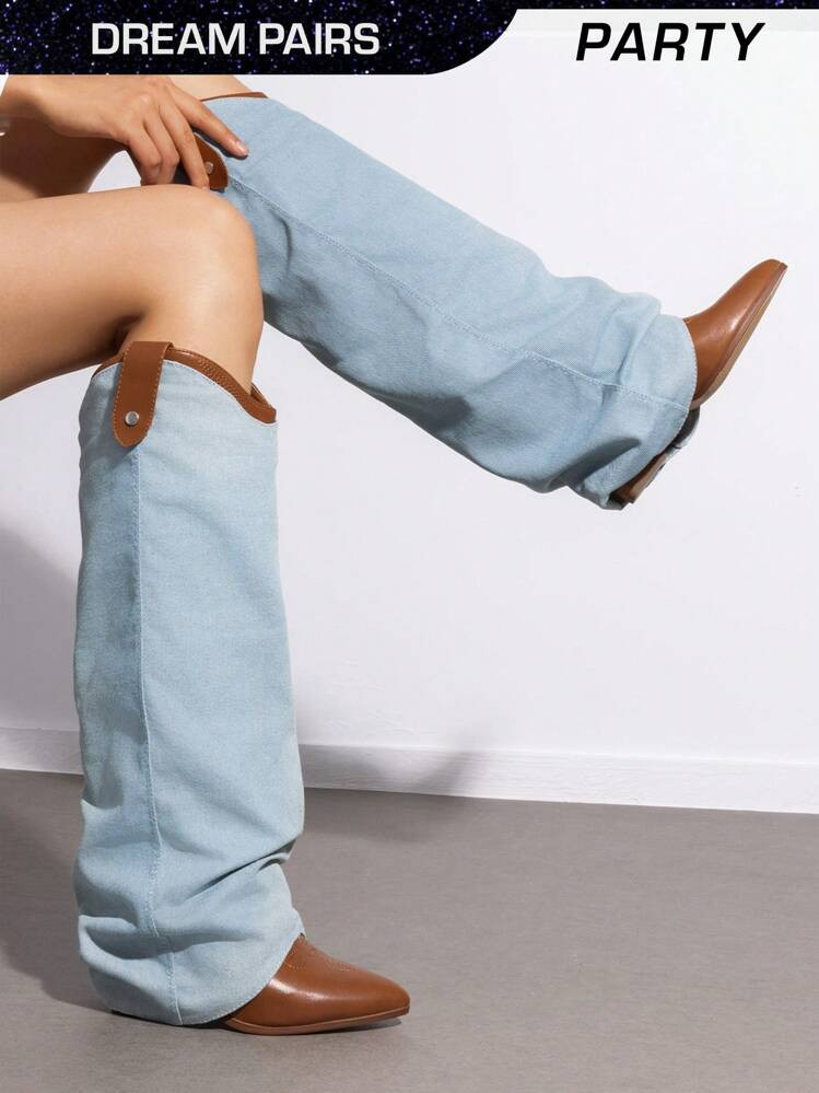 Women's Western Fold Over Chunky Heel Knee High Boots With Removable Shaft Design Pointed-Toe Ret... | SHEIN