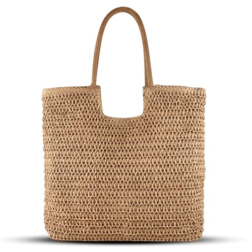 COZYOFFI Straw Beach Bag Women: Summer Bag for Travel Vacation - Woven Tote Bag for Women （Khaki） | Amazon (US)