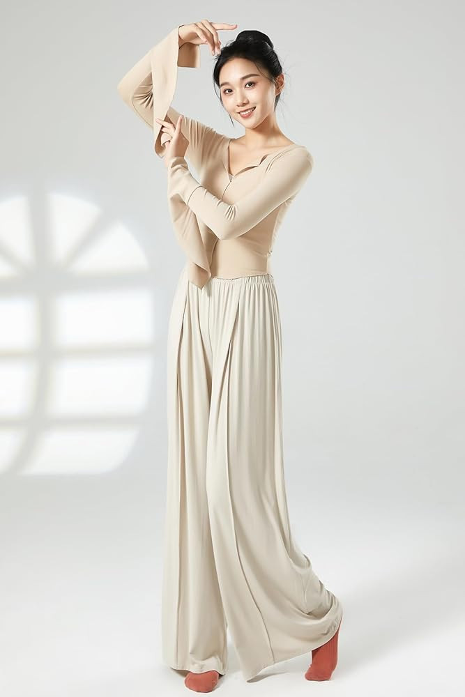Angcoco Women's Ruched Waist Wide Legs Loose Fitting Pants Beige at Amazon Women Clothing store | Amazon (US)