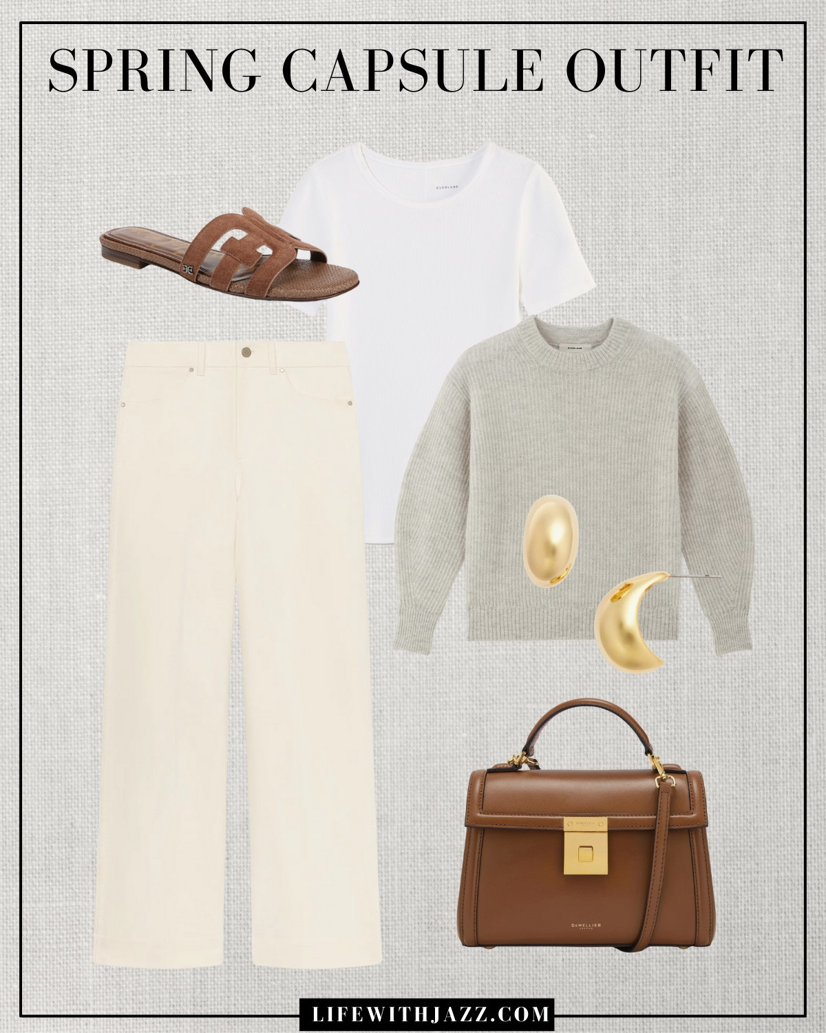 Spring capsule outfit 

Spring capsule / capsule wardrobe / spring style / classic style / ecru wide leg jeans / knit sweater / white tee / casual sandals / tan purse / gold earrings / sc25 

#LTKStyleTip #LTKSeasonal