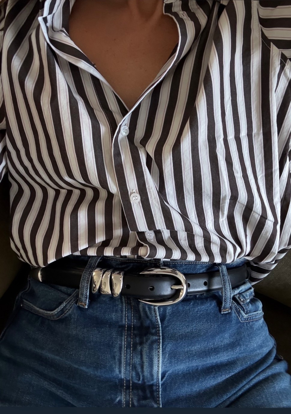 This belt 🤌🏼🤌🏼🤌🏼. Hands down my favorite. 
It comes in several colors and I’m adding another one for my closet. Everything I’m wearing is 40% off.  I sized up in Brown stripe button down for a more relaxed fit. Wide leg jeans are so so good. Sized up in those as well.  
  

#LTKselfcare #LTKCyberWeek #LTKSaleAlert