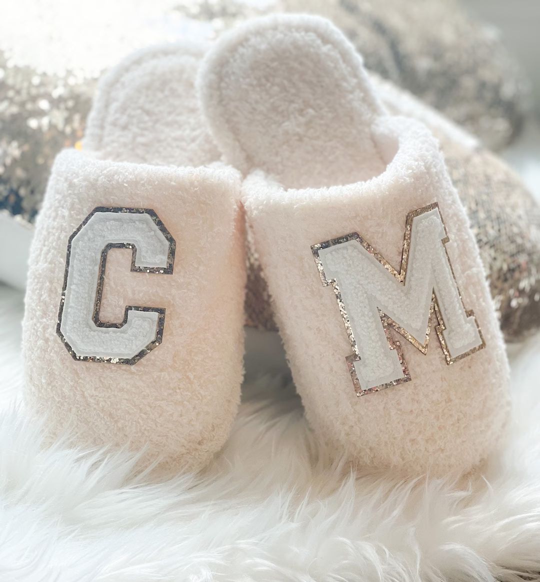 Custom Fuzzy Slippers Personalized with Patches - Bridesmaid Gift | Etsy (US)