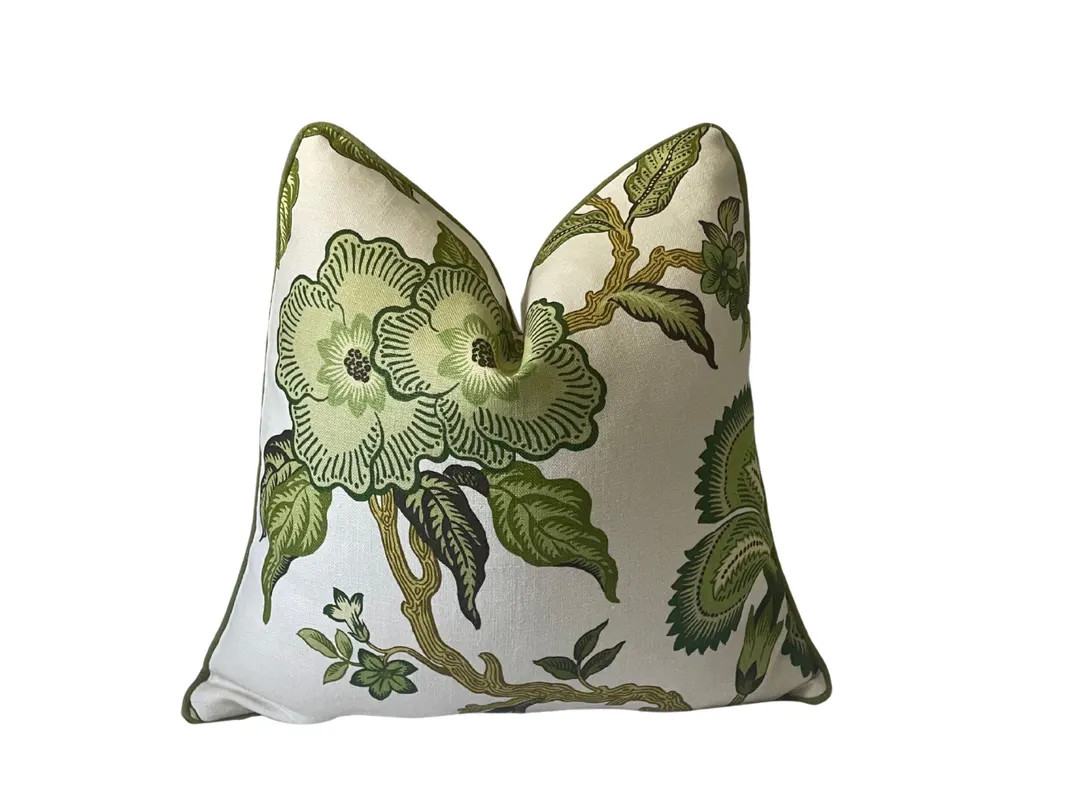 Schumacher Hothouse Flowers Pillow Cover: Green Floral Linen Accent Pillow - Etsy | Etsy (US)