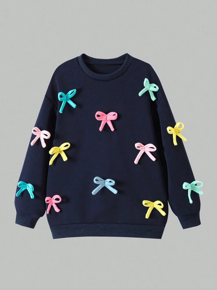 SHEIN Genkimix Kids Young Girl & Young Girl Casual Chic 3D Bow Decor Pullover Sweatshirt, Sweet &... | SHEIN