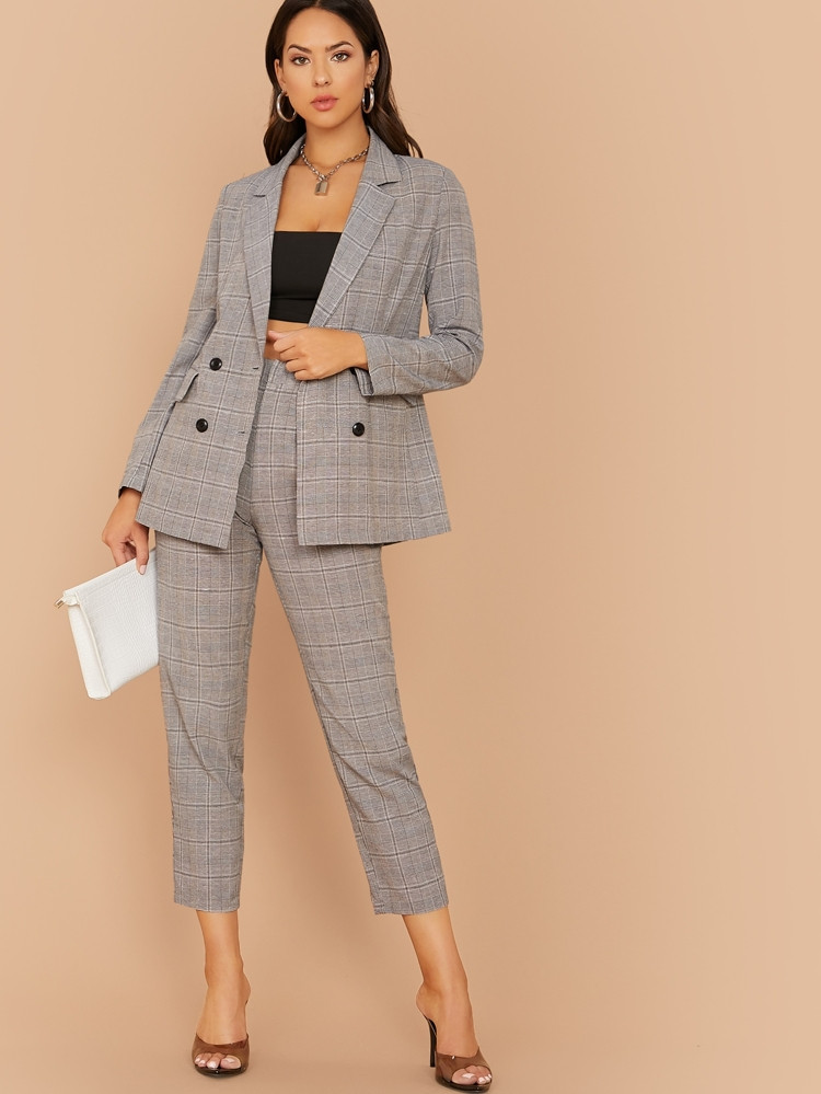 Notched Collar Buttoned Plaid Blazer & Pants Set | SHEIN