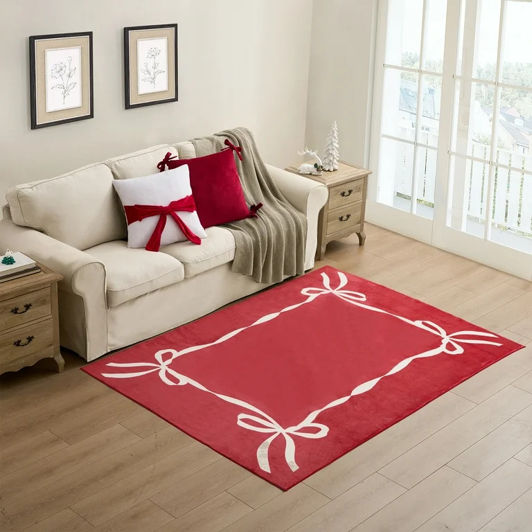 My Texas House Red/White Ribbon Faux Fur Washable Indoor Area Rug, 5' x 7' | Walmart (US)