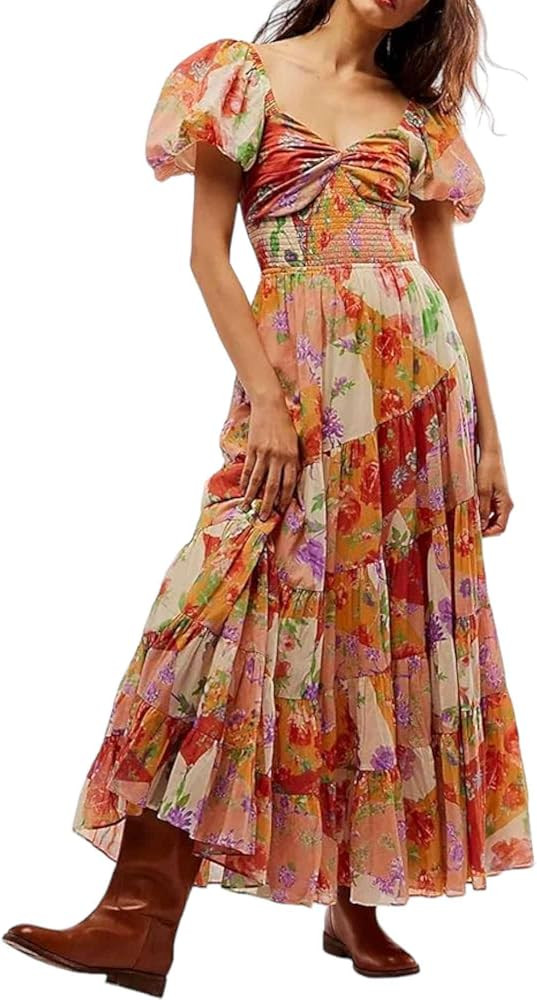 Women's Boho Flower Print Dress, Flowy Smocked Maxi Dress Summer Puff Sleeve Ruffled Wavy Sexy Ma... | Amazon (US)