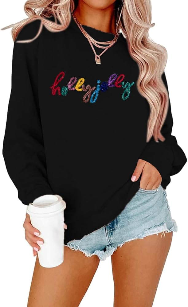 ASTANFY Christmas Sequins Sweatshirts Women Jolly Glitter Patch Crewneck Sweater Xmas Long Sleeve... | Amazon (US)