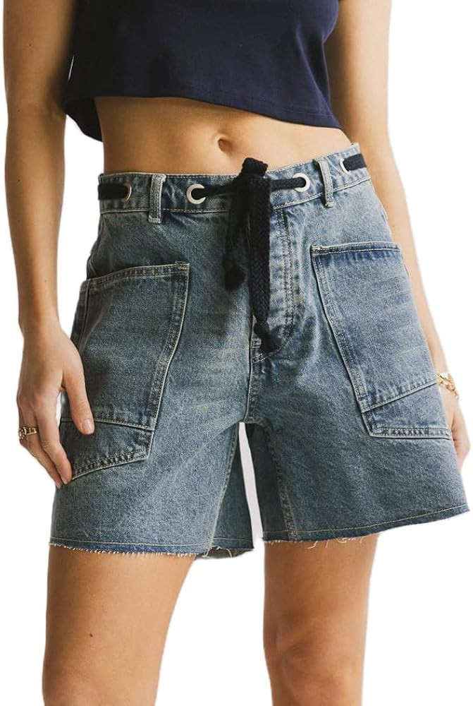 Mxiqqpltky Drawstring Jean Shorts Womens Casual High Waisted Straight Leg Baggy Denim Shorts Summ... | Amazon (US)