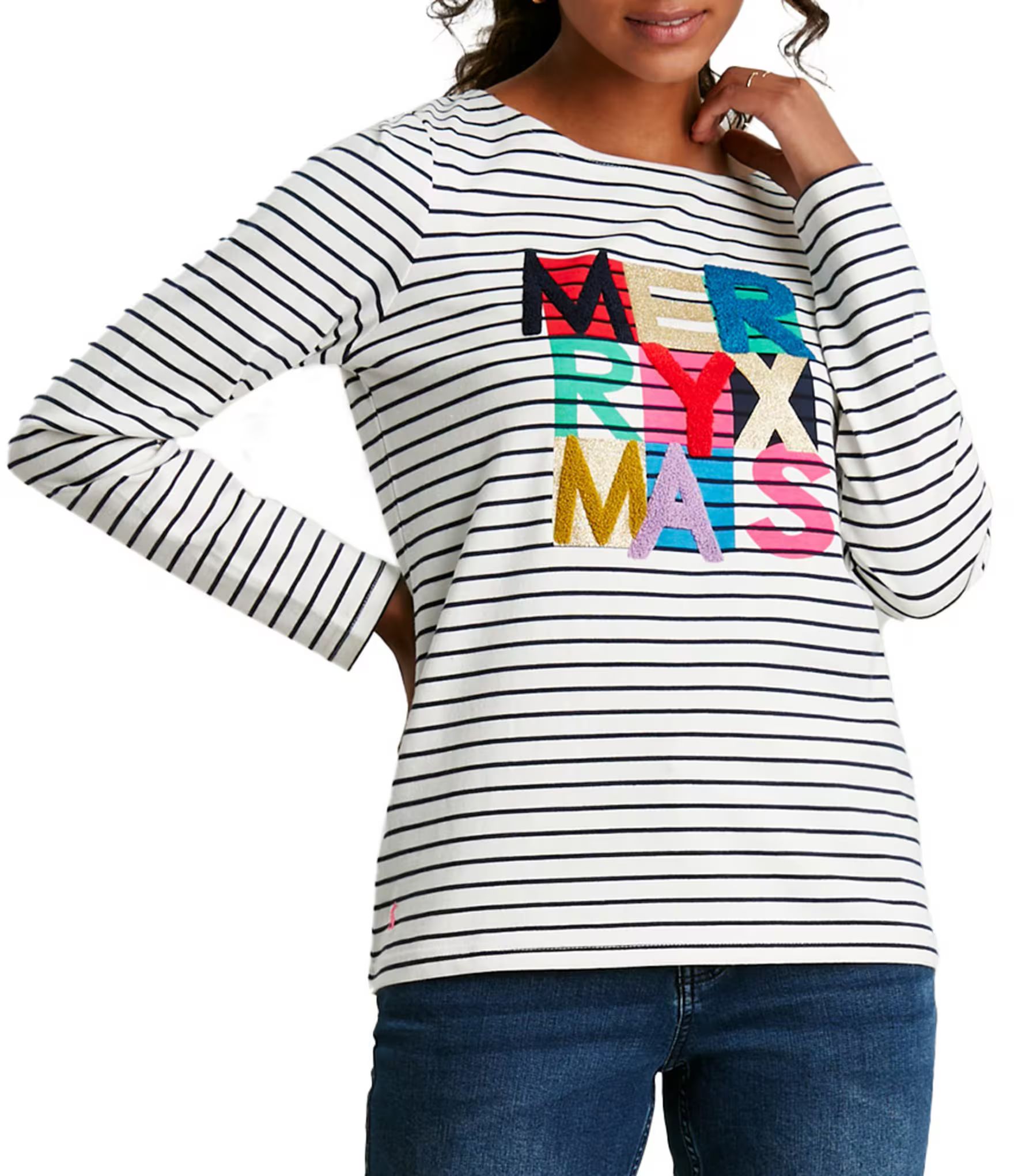 Harbour Striped Print Luxe Boat Neck Long Sleeve Textured Merry X-Mas Jersey Top | Dillard's