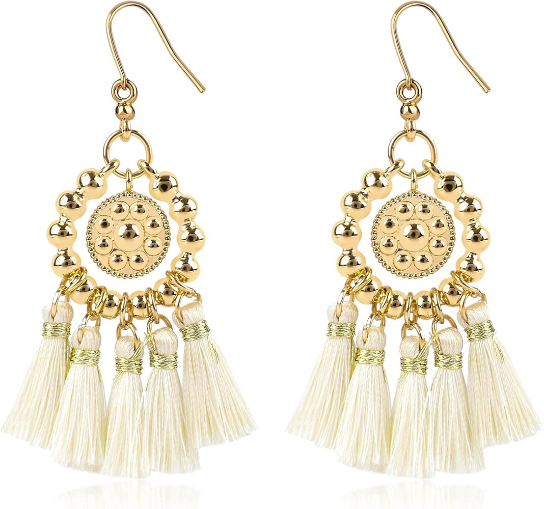 Amazon.com: Bohemian Dangle Tassel Earrings for Women 14K Gold Plated Tassel Gold Ball Beads Hoop... | Amazon (US)