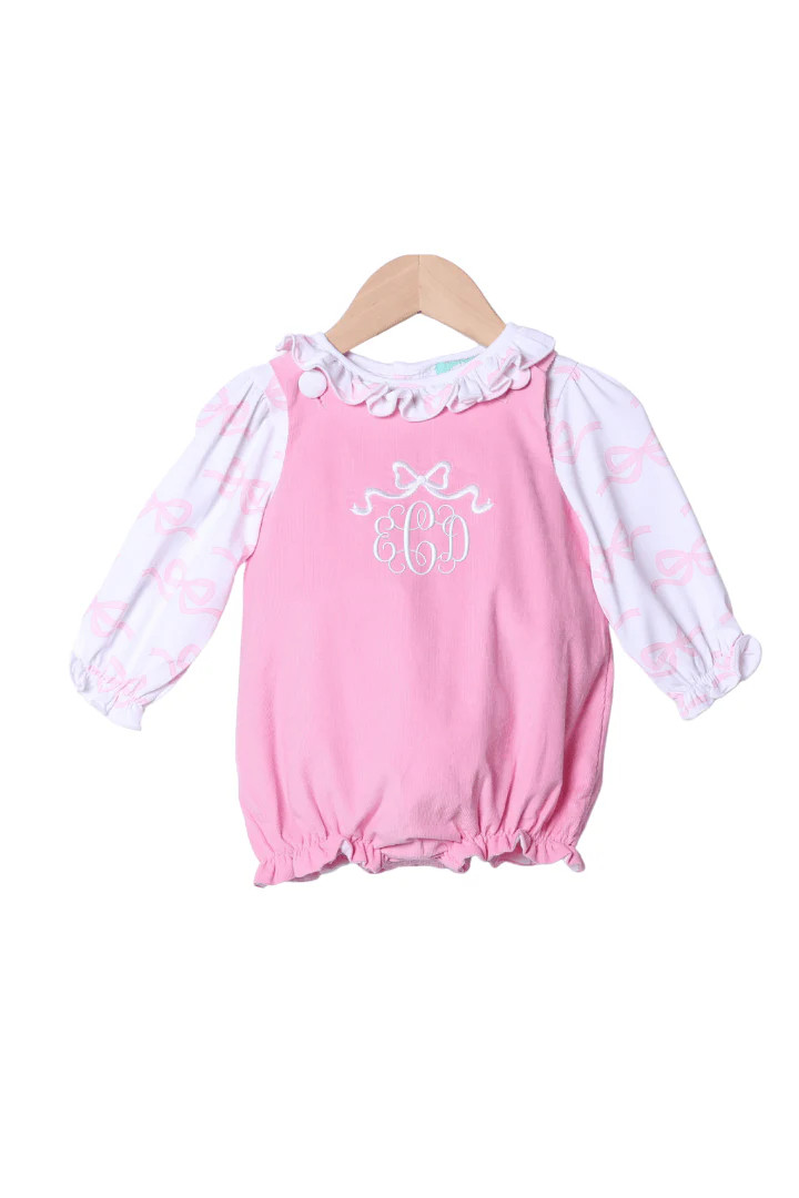 Embroidered Bow 2 Piece Pink Corduroy Bubble | The Smocked Flamingo
