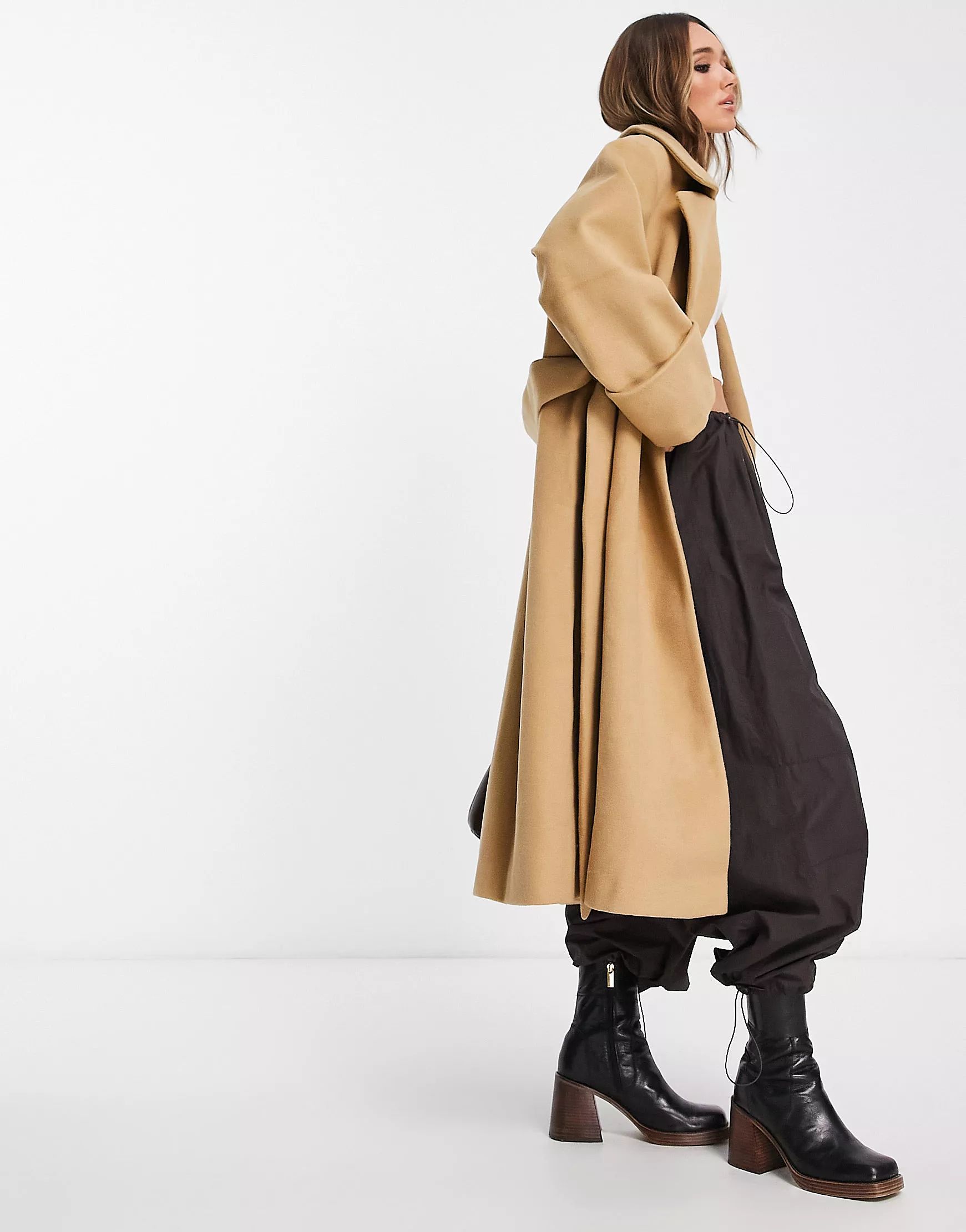ASOS DESIGN brushed belted coat in brown | ASOS (Global)