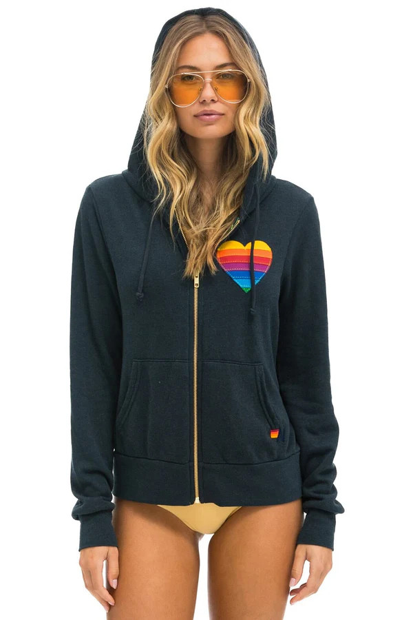 RAINBOW HEART STITCH ZIP HOODIE - CHARCOAL | Aviator Nation