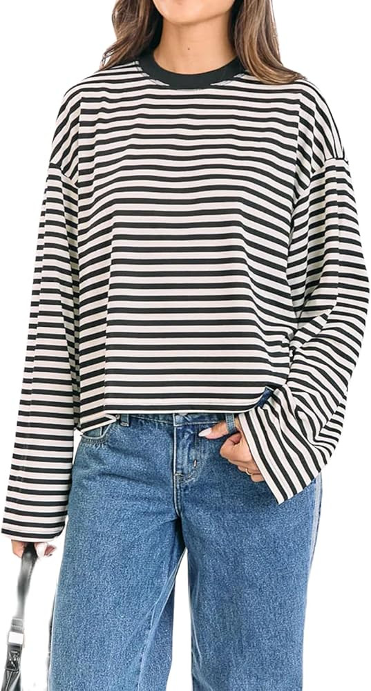Women Y2k Long Sleeve Fairy Grunge Striped Baggy Tees Shirts 2000s Emo Aesthetic Sweater Crop Top... | Amazon (US)