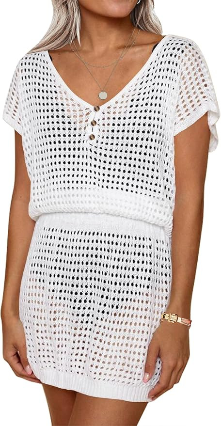 AOLRO Women's Swim Coverups Crochet Hollow Out Short Sleeve V Neck Beach Swimsuit Bathing Suit Co... | Amazon (US)