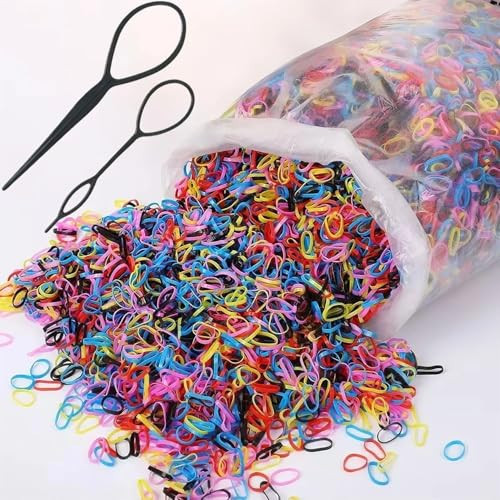 2000 PCS Hair Bands, Elastic Hair Band, Mini Hair Rubbers Ties for Girls Ponytail Hair Accessories, Soft Elastic Bands Non-Slip Small Hair Ties, with 2 PCS Topsy Tail Hair Tools. (multicolored) | Amazon (US)