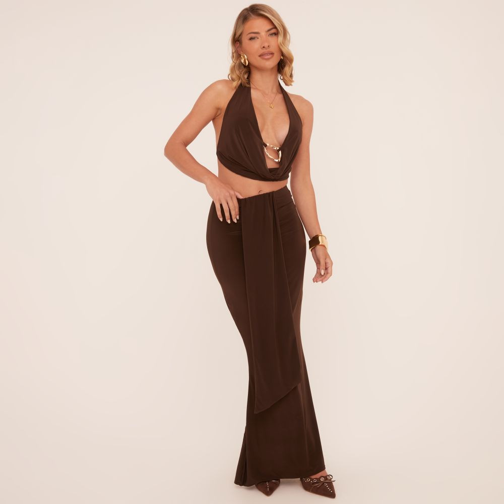 High Waist Drape Front Maxi Skirt In Brown Slinky | EGO (UK)