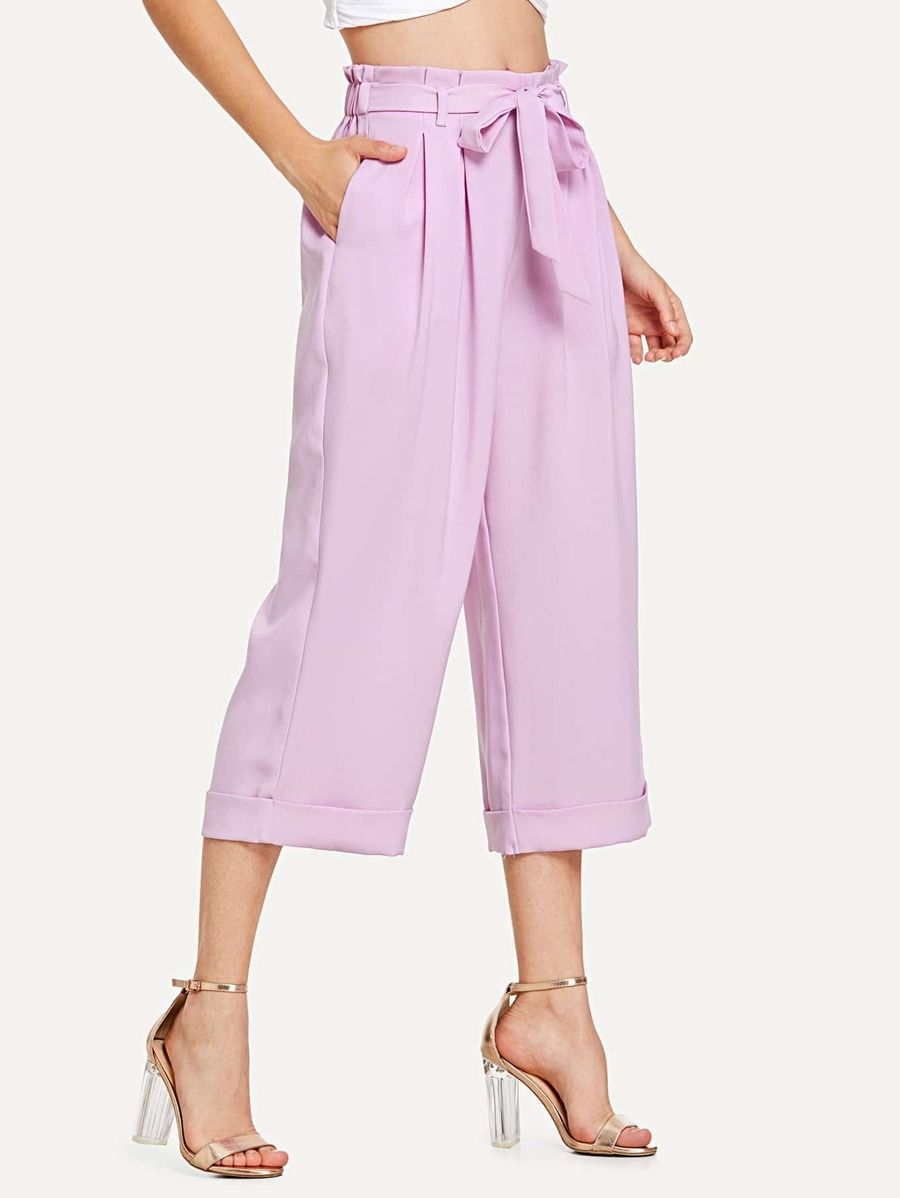 Tie Waist Fold Pleat Detail Culotte Pants | SHEIN