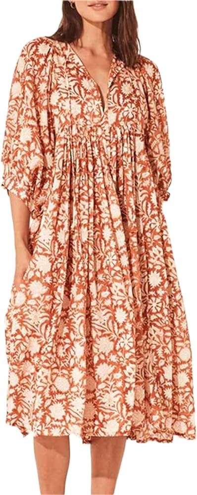 Alyweatry Women 2023 Summer Boho Midi Dress V Neck Puff Sleeve Floral Loose Flowy Swing Sundress Beachwear | Amazon (US)