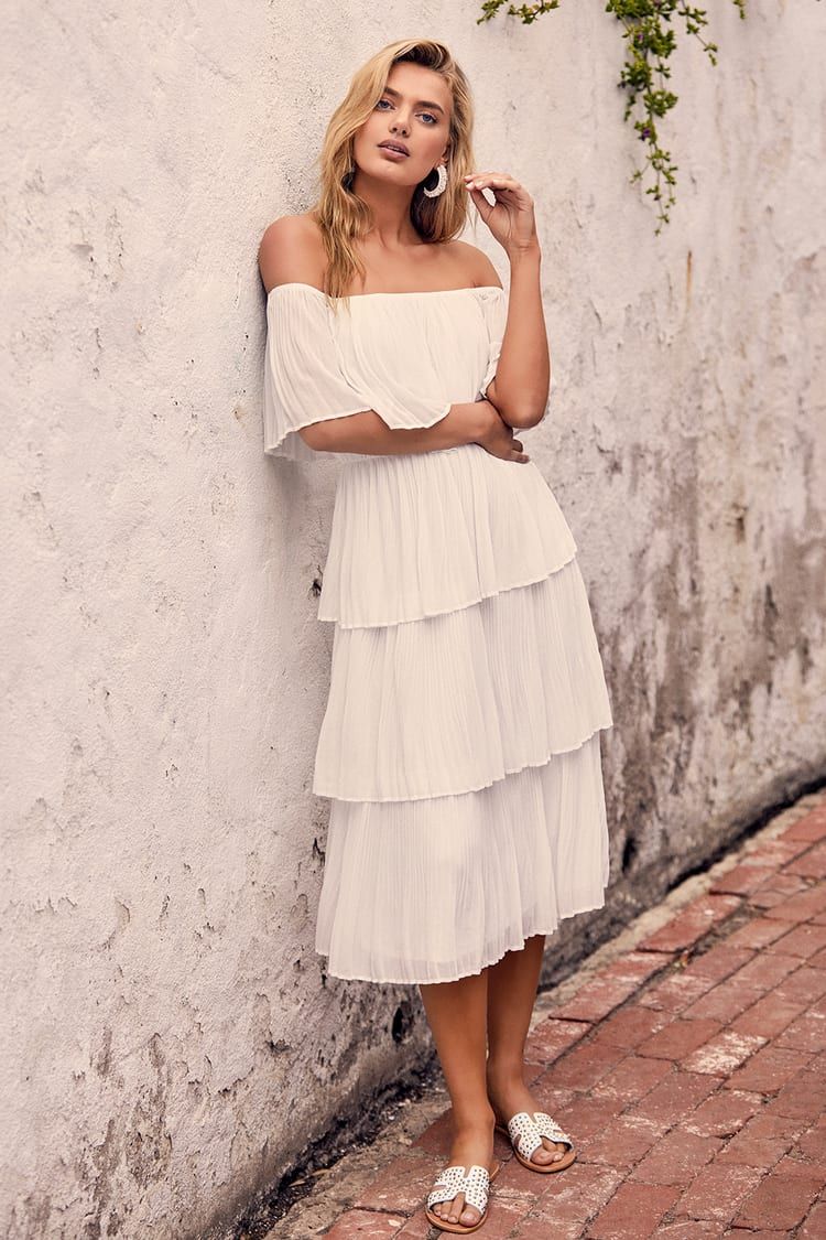 Gala Ready White Off-the-Shoulder Ruffle Midi Dress | Lulus (US)