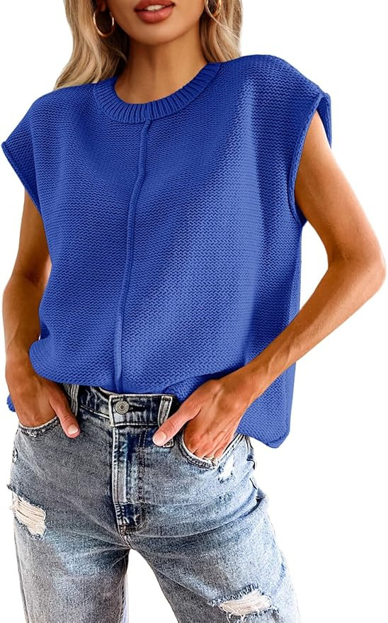 Saodimallsu Womens Summer Cap Sleeve Tops Casual Crew Neck Loose Fit Knit Lightweight Sweater Pul... | Amazon (US)