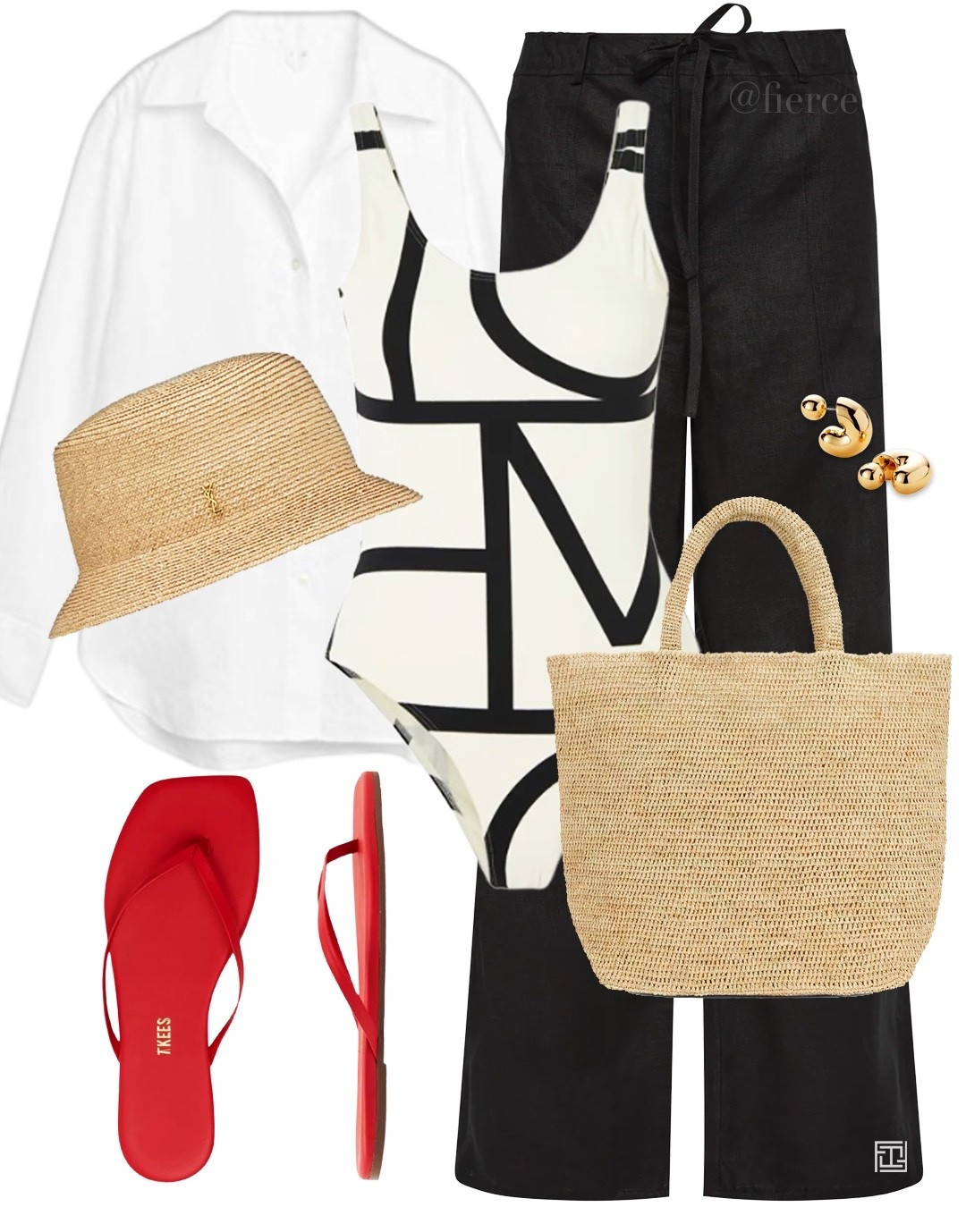 Resort wear Toteme swim suit black linen trousers red flip flops raffia tote 

#LTKswimwear #LTKuk #LTKeurope