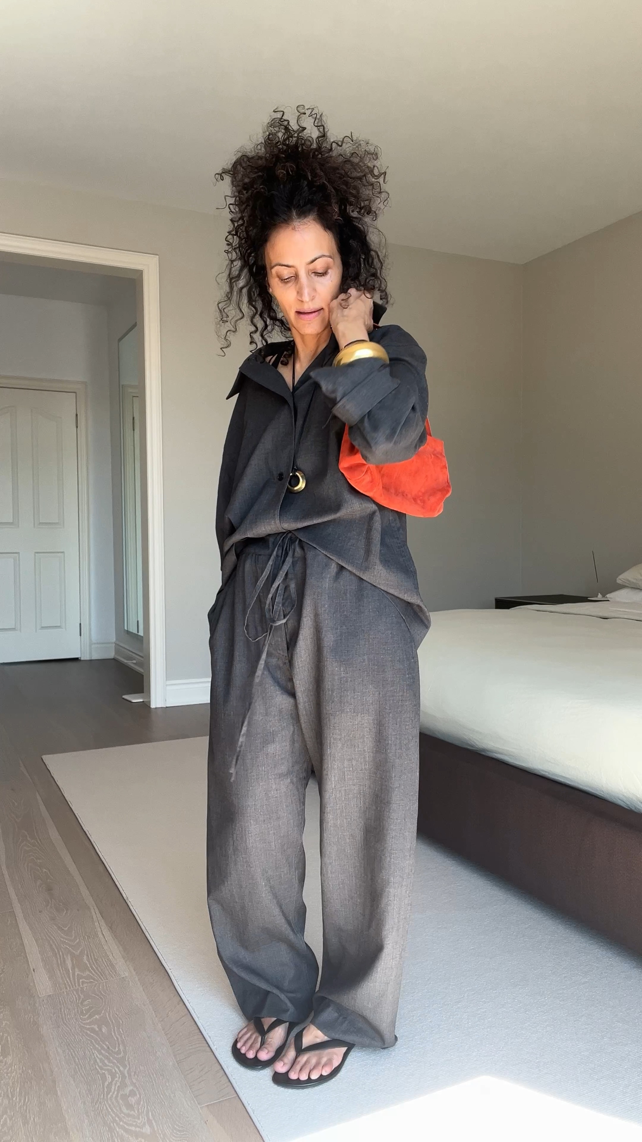 Necklace and Bracelet by The Row.  I’m in xs in both top and bottom.  City is a nice alternative for Beach flip-flops. 