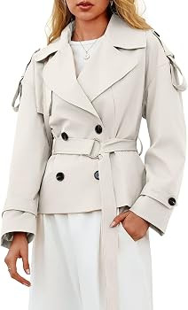 Tankaneo Womens Cropped Trench Double Breasted Short Jacket with Belt | Amazon (US)