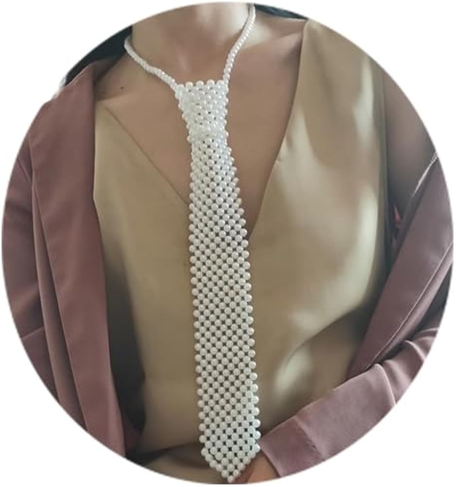 CanB White Pearls Neck Tie Handmade Weaving Ladies Shirt Necklace Neck Tie Beaded Tie Necklace Pa... | Amazon (US)