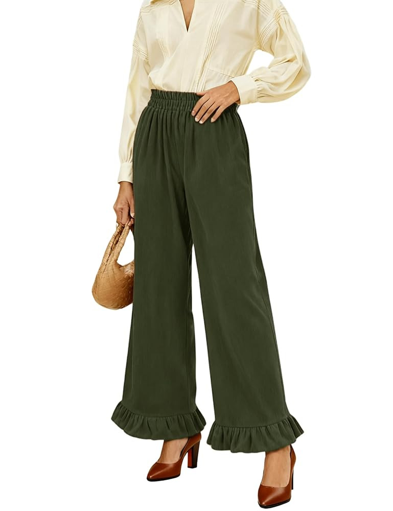 Omoone Womens Corduroy Pants Wide Leg Ruffled Hem Elastic Waist Lounge Cord Pants with Pockets | Amazon (US)