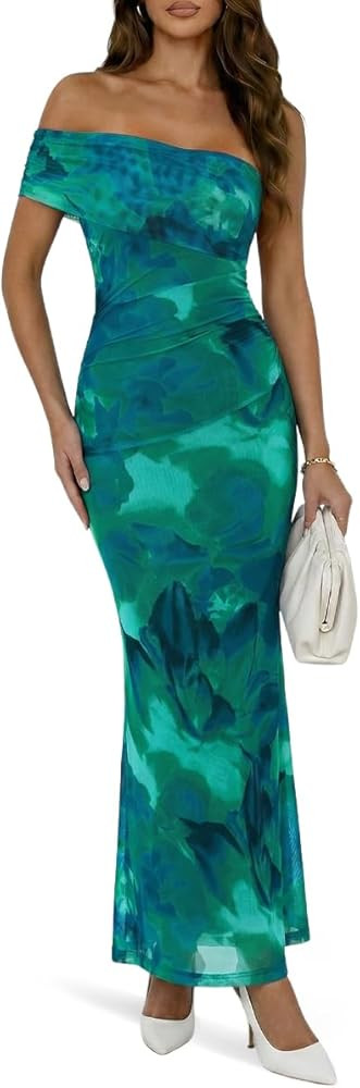 Amazon.com: Wenrine Womens Off The Shoulder Dress Cocktail Summer Floral Maxi Mesh Casual Sleevel... | Amazon (US)