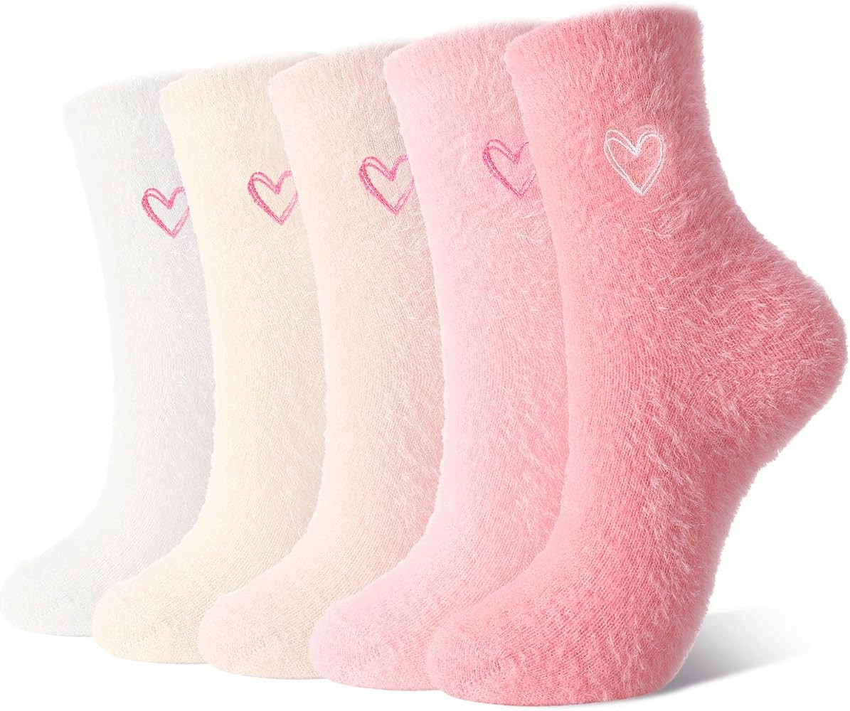 5 Pairs Heart Fuzzy Socks for Women Soft Fluffy Home Sleeping Socks Winter Warm Cozy Slipper Sock | Amazon (US)