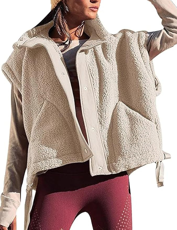 APAFES Women Oversized Fleece Vest Winter Warm Stand Collar Flysleeve Fuzzy Jackets Outerwear Coa... | Amazon (US)