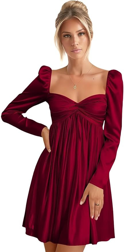 Homecoming Dresses with Sleeves Mini Pleated Cocktail Dress Satin Sweetheart Birthday Dress | Amazon (US)