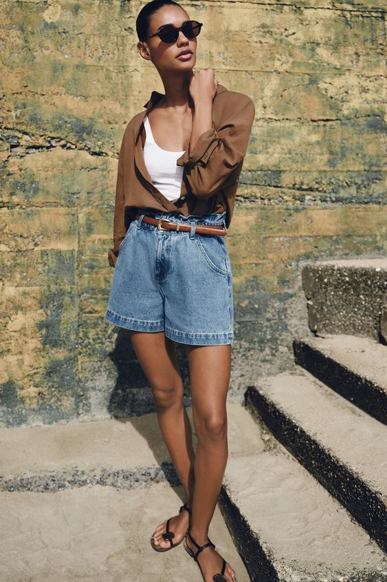 Zara - Belted Baggy Shorts - Mid-Blue - 25 (Us 0) - Woman | Zara US