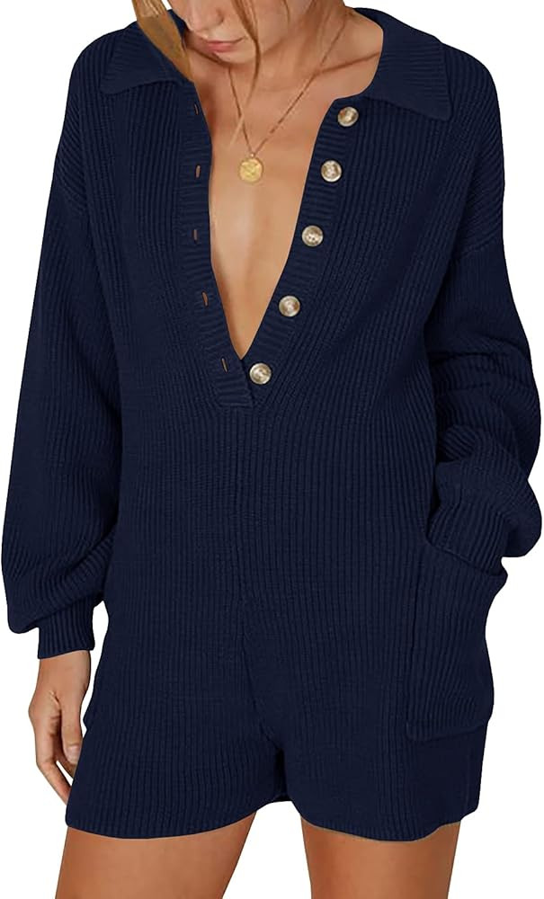 Women's Knit Sweater Jumpsuit Rompers Sexy Deep V Neck Button Down Long Sleeve Onesie Loungewear ... | Amazon (US)