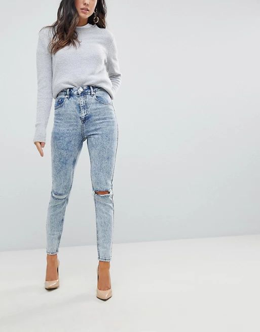 ASOS Super High Rise Firm Skinny Jeans in Acid Wash Blue with Ripped Knees | ASOS UK