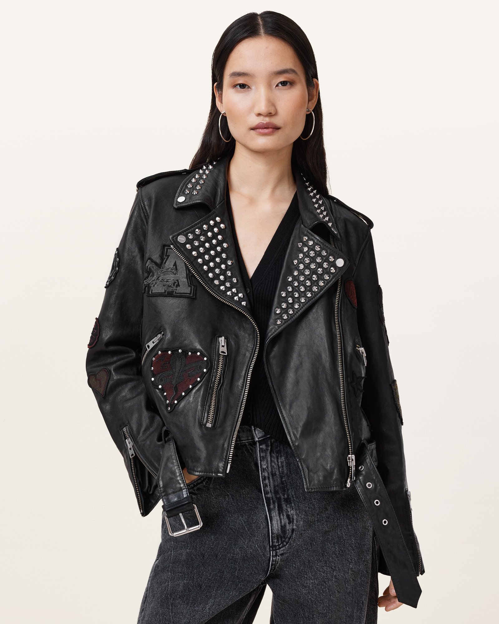 College Relaxed Fit Leather Biker Jacket | AllSaints UK