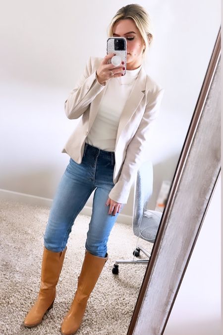 Casual fall outfit // casual winter outfit// blazer// denim// boots// mock neck top// winter outfit// blazer outfit// 

#LTKstyletip #LTKshoecrush #LTKSeasonal