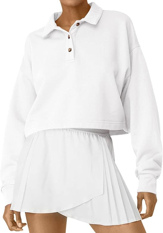 LASLULU Womens Fleece Lined Crop Tops Button Polo Shirts Workout Athletic Pullover Sweatshirts Cr... | Amazon (US)