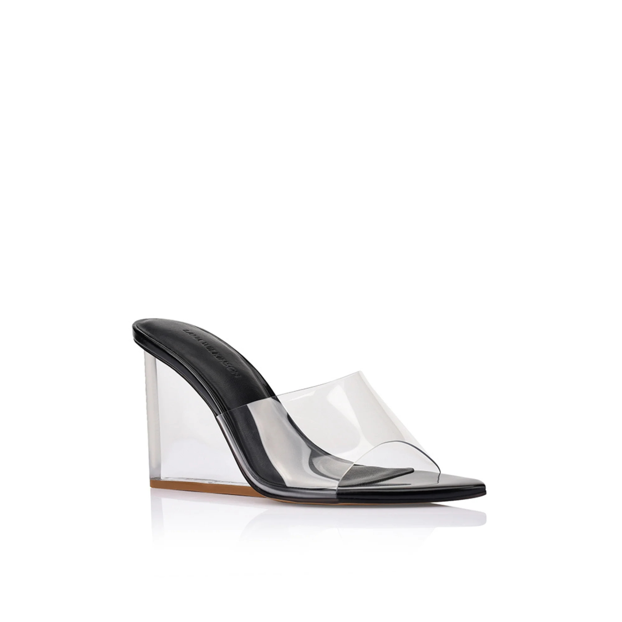 Suzy Wedge Sandal Lucite & Black Leather | Lana Wilkinson