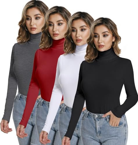 Dalavch 4 Pack Women’s Turtle Neck Long Sleeve Shirts Fall Fashion Turtleneck Baselayer Undershirts Tops Underscrub 1 Black 1 Heather Grey 1 White 1 Red X-Large | Amazon (US)